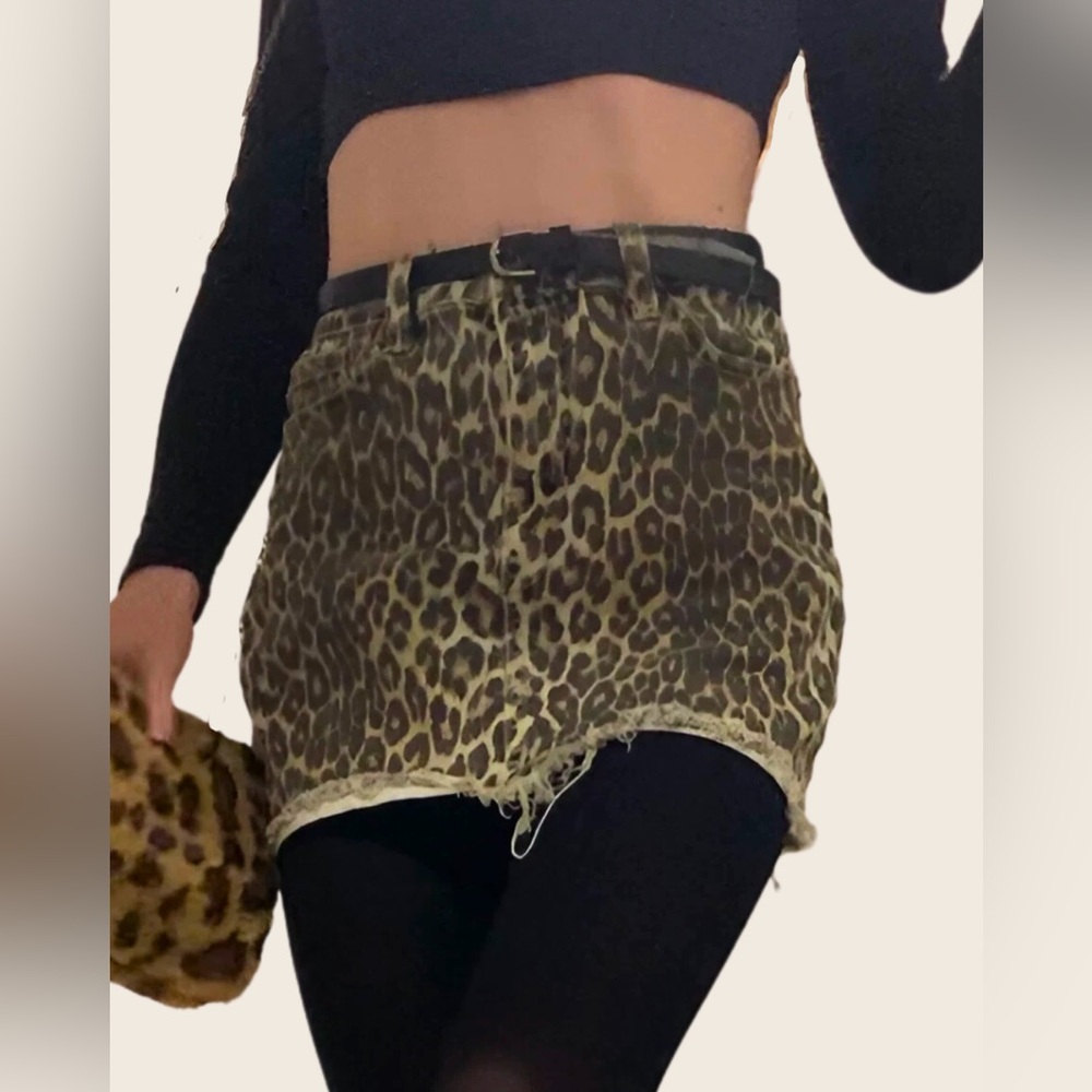 Angle Kiss Distressed Cheetah Print Denim Collection Skirt